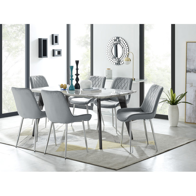 Anders Modern Veneer Marble Effect Dining Table Set with 6 Luxury Velvet Dining Chairs, Grey/Silver