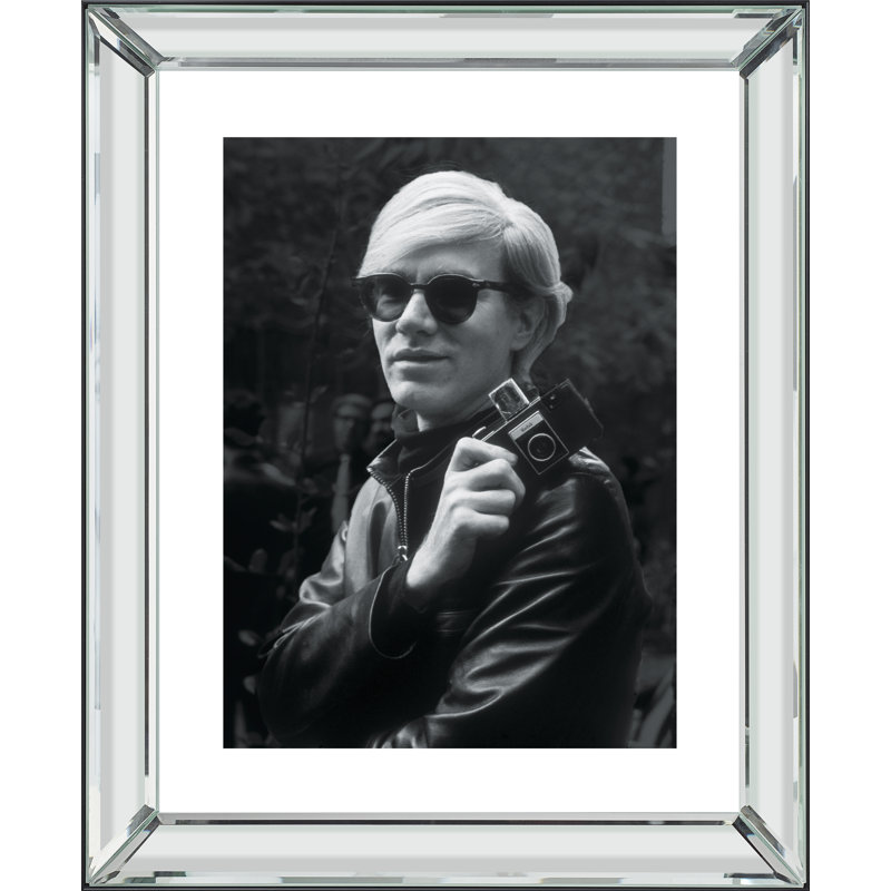 Andy Warhol In His Leather Jacket Holding His Camera - Print on Wood