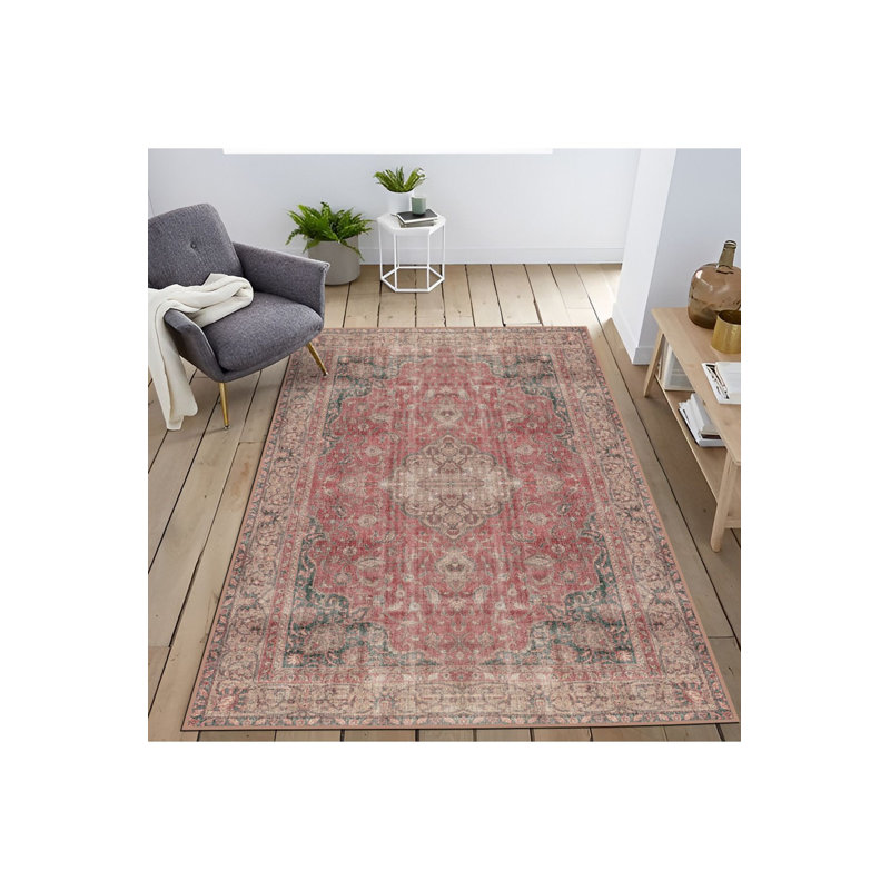Tapis décoratif lavable à la machine à motif traditionnel rouge, Sous-tapis rectangulaire 4 pi 7 po x 6 pi 7 po inc