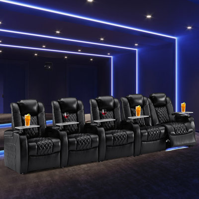 Gray Leather Home Theater Seating with Cup Holder by Hokku Designs