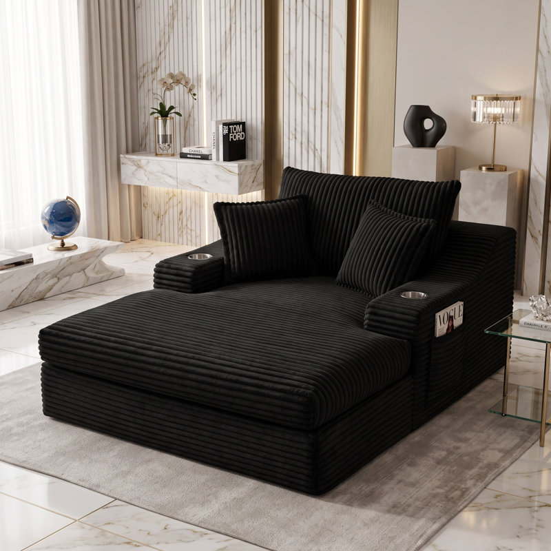 Chaise longue surdimensionnée en fausse fourrure avec porte-gobelets et coussins intégrés, Noir