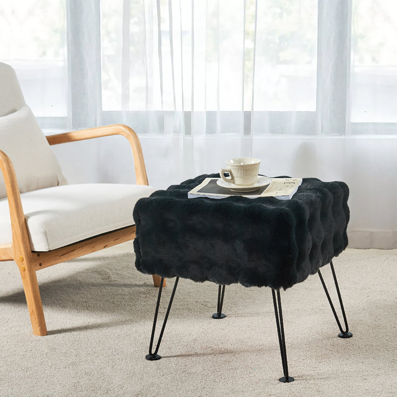 43.2cm Wide Rectangle Solid Colour Standard Ottoman, Black Faux Fur