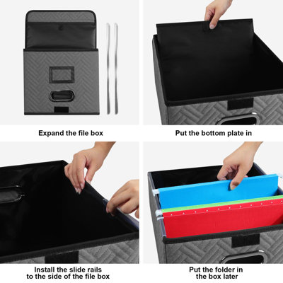 Storage File Boxes - File Box Organizer With Lid And Plastic Slide, Portable Hanging Document Boxes Collapsible Filing System Box For Office Organization Cabinet Hand Embroidery File Folders Box,Grey