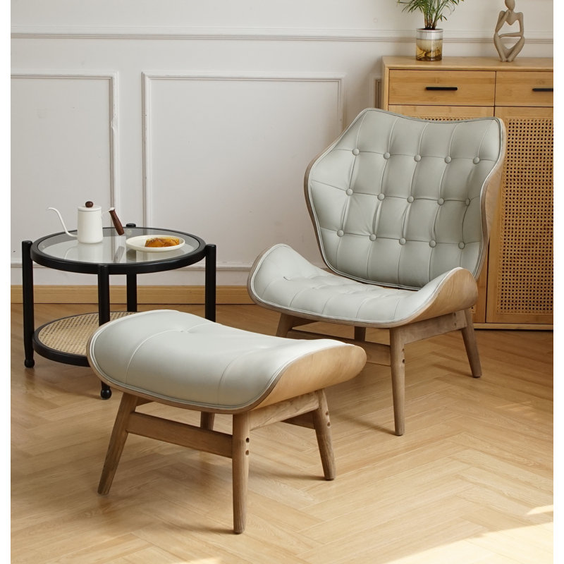 Jeyshan Upholstered Tufted Lounge Chair and Ottoman, Light Gray Faux Leather