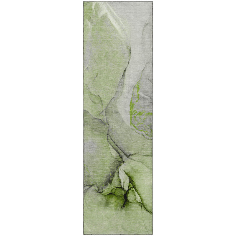 Premium Machine Washable Cerrito AMF506 Green Rug, Runner 2'3" x 7'6"