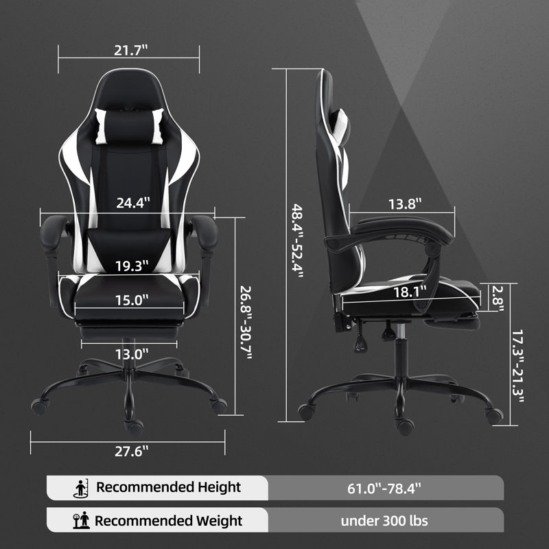 Fauteuil de jeu ergonomique inclinable en similicuir, pivotant et jeu vidéo de massage avec repose-pieds, Blanc/Noir
