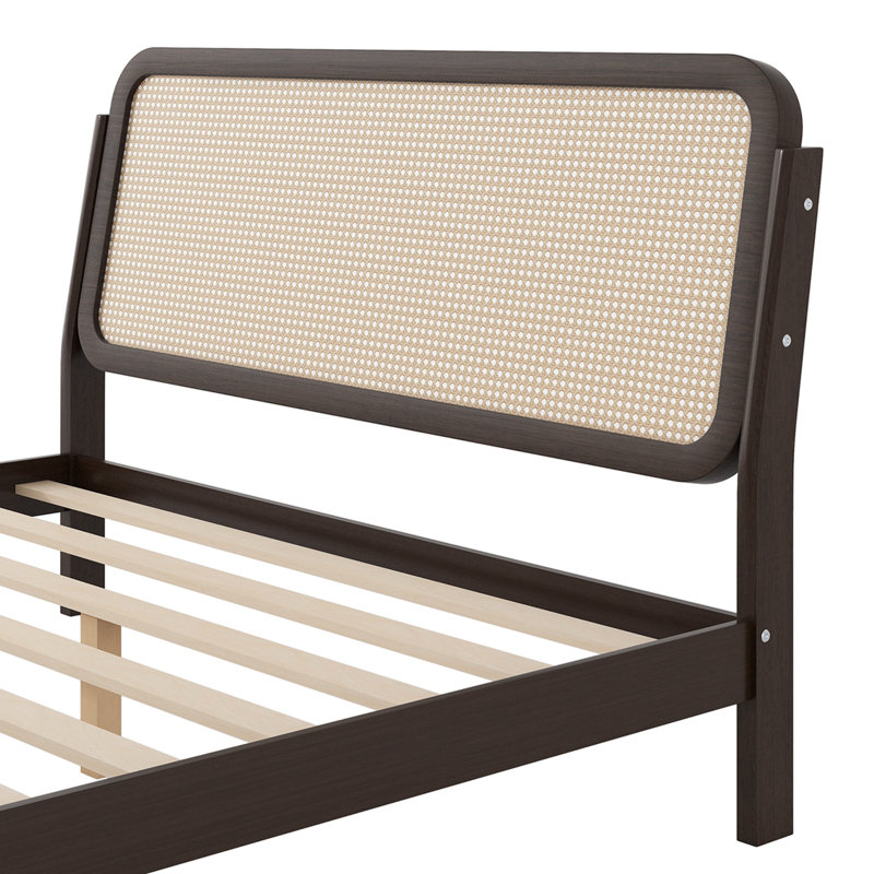 Queen Bed Frame With Rattan Headboard, Bed Frame With LED Lights, Boho Platform Bed Frame With Wooden Support Legs, Espresso