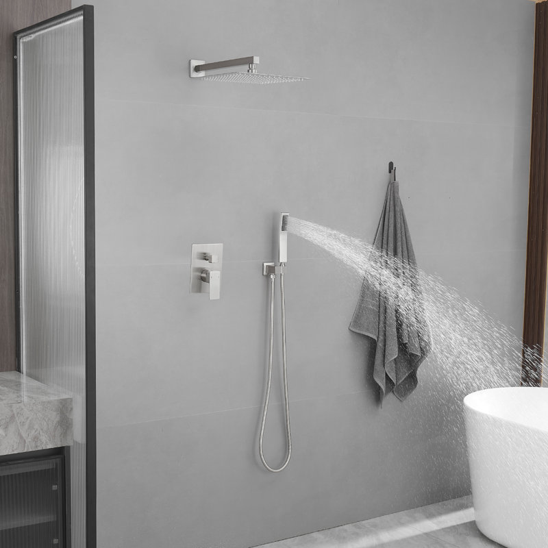 10 In. Showerhead Single Handle 2-Spray Square Shower Faucet 2.5 GPM With Adjustable Heads Valve Included, Brushed Nickel