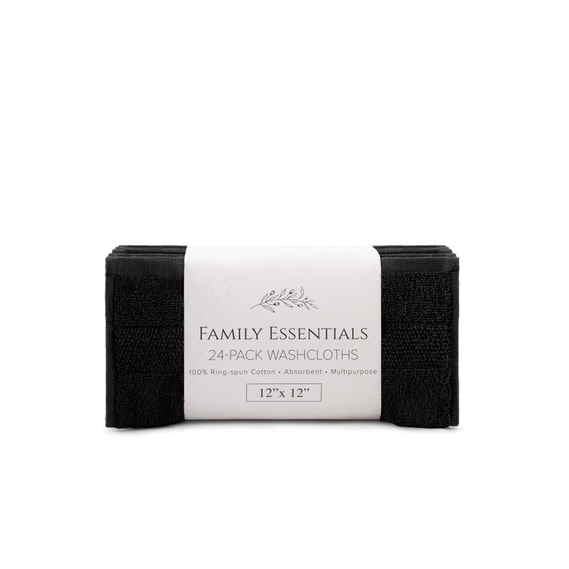 Family Essentials Washcloths (Pack of 24), 12x12, Cotton, Black