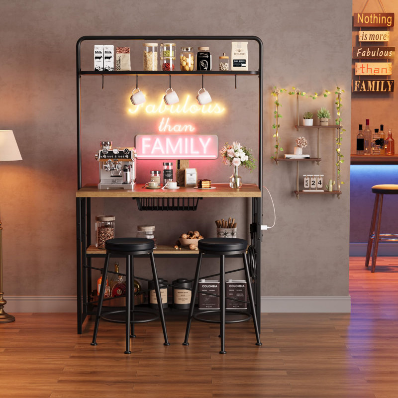 Kitchen Island with Power Outlet & 2 Stools - Industrial 3-Tier Shelves, Hooks, Microwave Stand for Dining Room, Living Room, Apartment-Natural