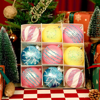 Ensemble de 9 boules de Noël de 3,15 po, boules décoratives de Noël pastel incassables pour la décoration de fêtes de Noël