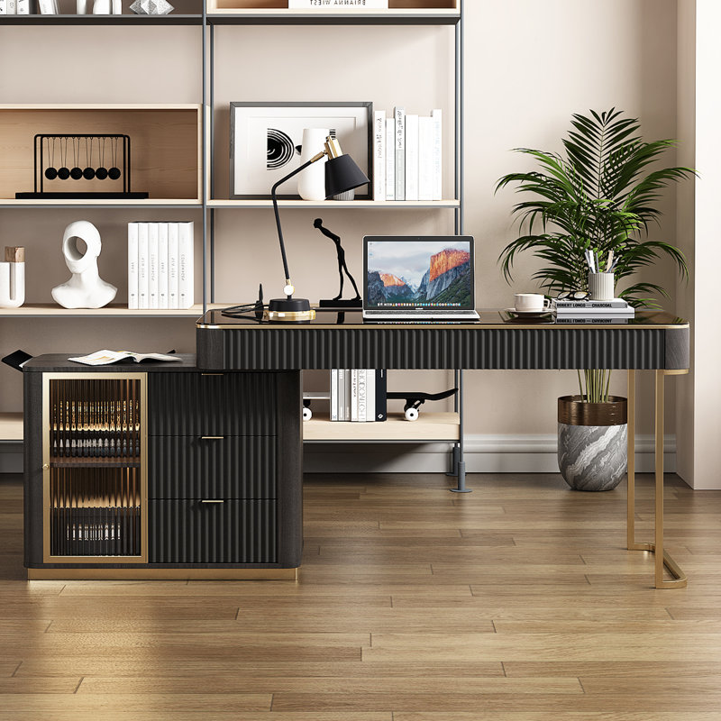 Dibora Glass Excutive Desk with Built in Outlets, 29.5" H x 53.1" W x 23" D, Black/Gold