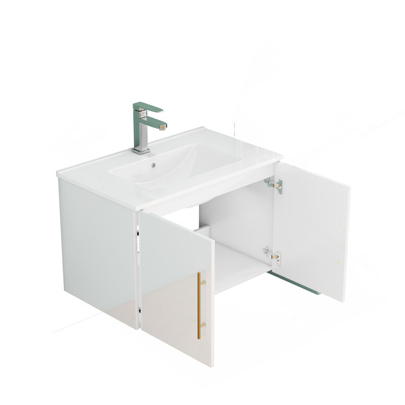 Meuble-lavabo mural blanc brillant 30 po avec lavabo, portes doubles, crochets à fermeture en douceur, installation facile, lavabo en céramique, blanc brillant