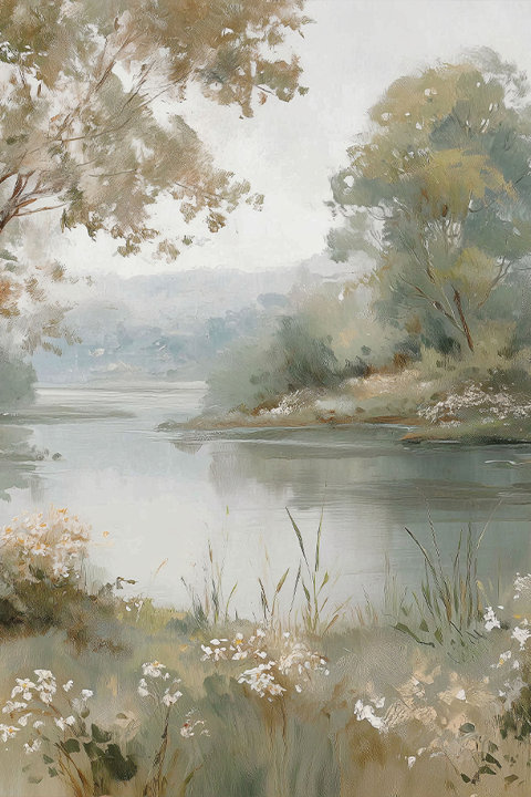 Impressionist-style oil painting of a peaceful river landscape with lush trees, grassy banks, and scattered wildflowers in a soft, muted color palette.