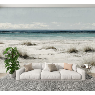 Coastal Peel and Stick Wallpaper Panoramic Ocean View Grasses Soft Watercolor Washes Wall Murals 100"H x 144"W Removable Relaxing Seascape Wall Paper Self-Adhesive Wall Decor for Bedroom Living Room Home Office