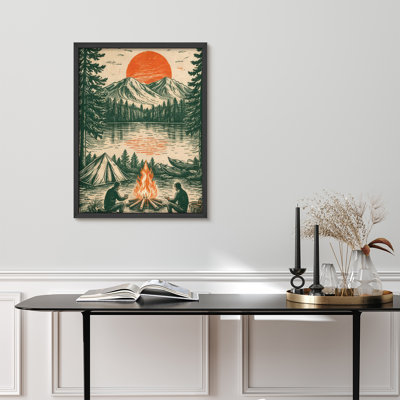 Retro Mountain Camping Scene Framed Wall Art Prints - Outdoor Nature Decor for Living Room Cabin