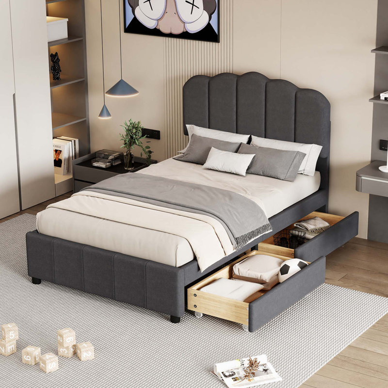 Lit tapissier avec tiroirs Saiquan, Simple, gris