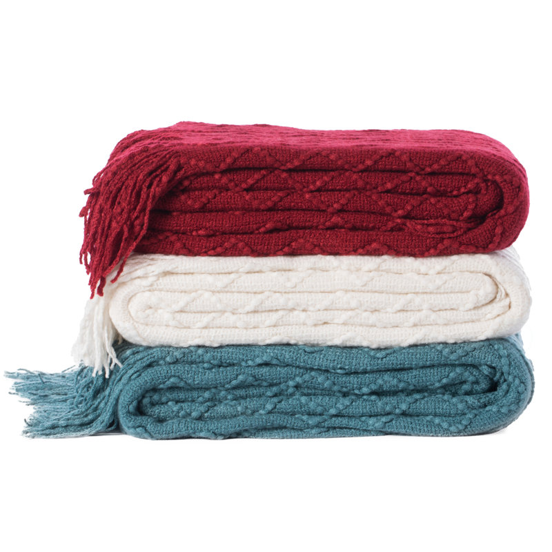 Blue Chevron Pattern Knit Throw Blanket with Fringe