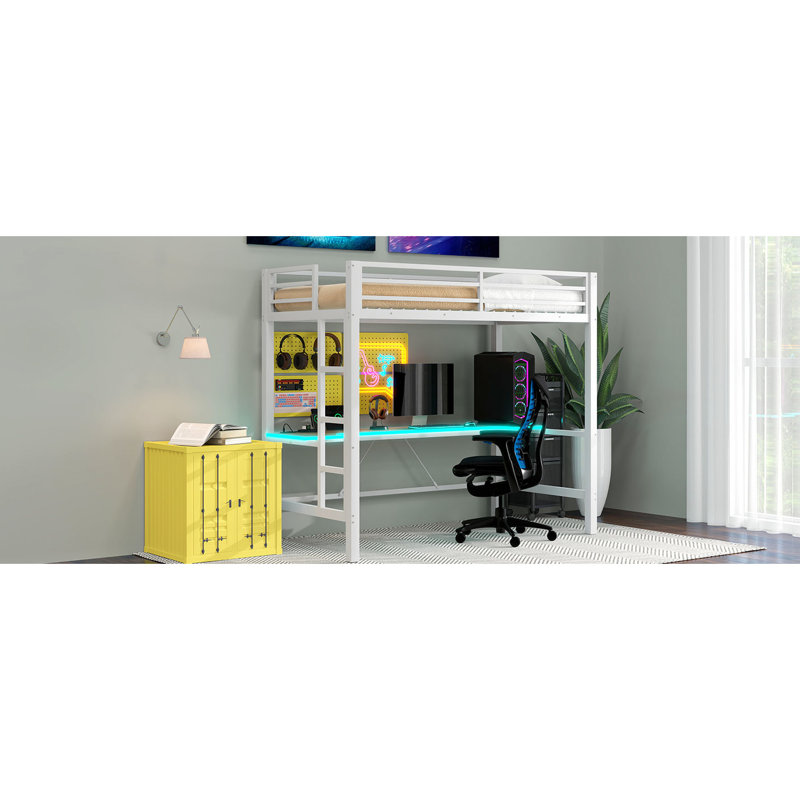 Structure de lit simple pour lit mezzanine blanc, avec bureau et DEL, fabrication en métal, facile à installer, bureau sans sommier, finition blanche, stable nécessaire, assemblage