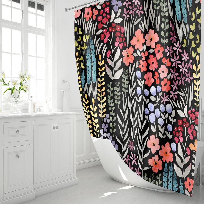 Wildflower Boho Cottagecore Polyester Shower Curtain Set, 182.88cm H x 91.44cm W, Black