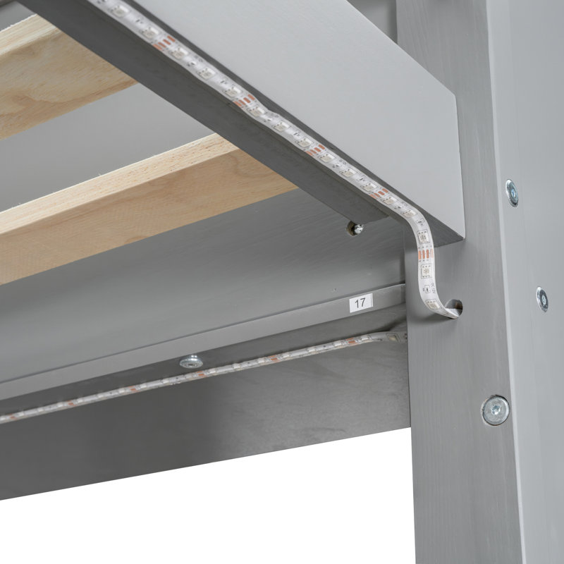 Lit mezzanine simple avec bureau et DEL, support à tablettes multiples, bureau de jeu de taille gris bois, DEL, grand espace de rangement,