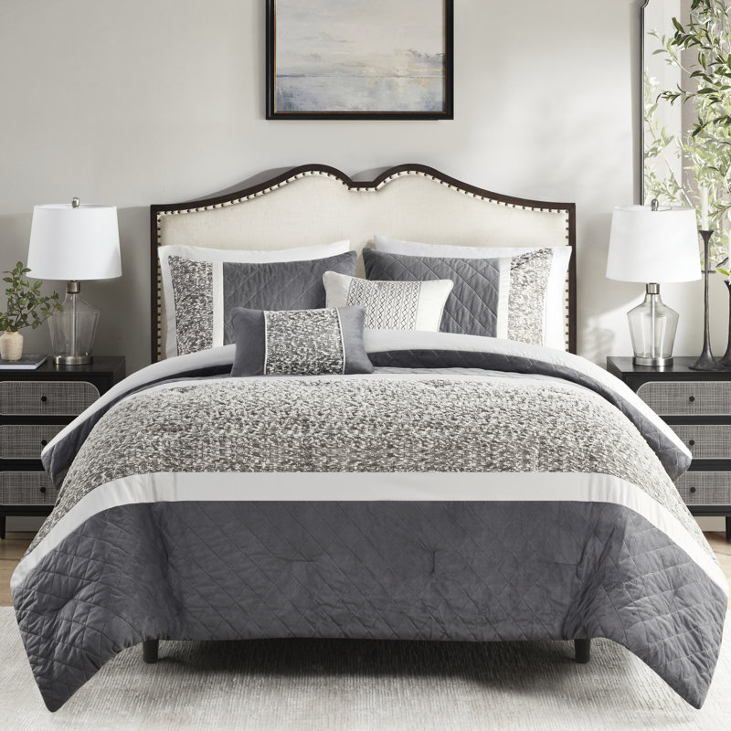 Édredon 5 pièces à rayures texturées, très grand / très grand, en tissu, Édredon double + 4 taies décoratives standard