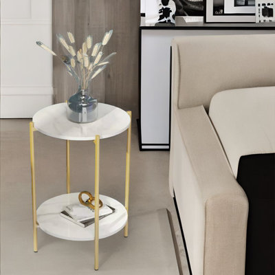 Atay 2 Tier Round Faux Marble Side Table With Metal Legs