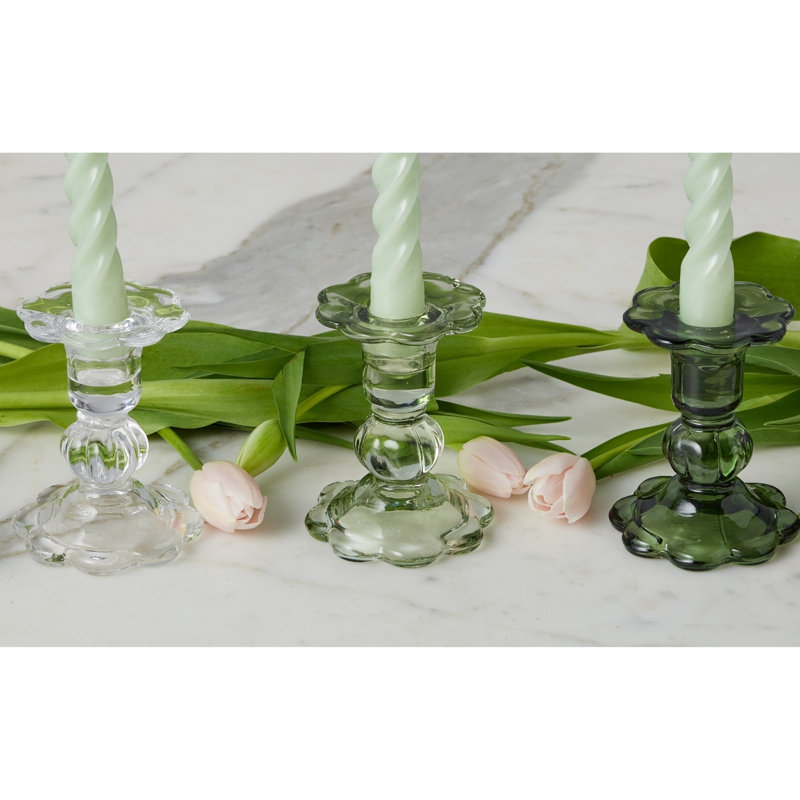 Bougeoirs en verre festonné - Lot de 3 - Vert, Transparent / sauge / épinette