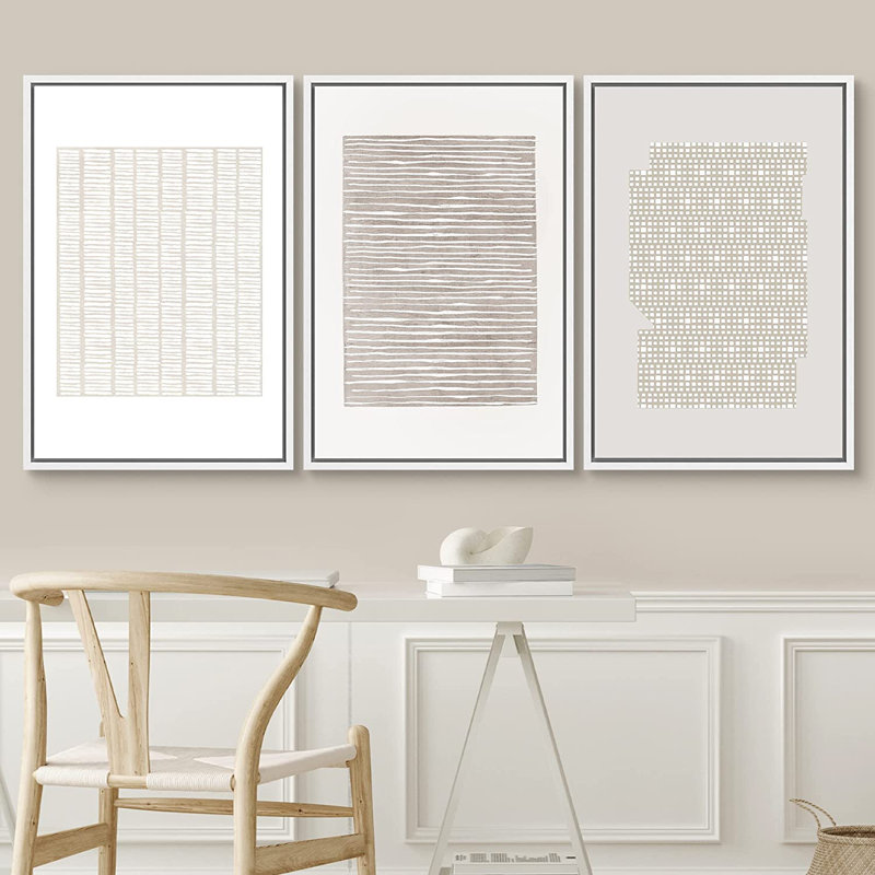 Geometric Subtle Abstract Modern Minimalist Neutral Home Decor - Framed Canvas Print Wall Art Work, 24" H x 48" W, White
