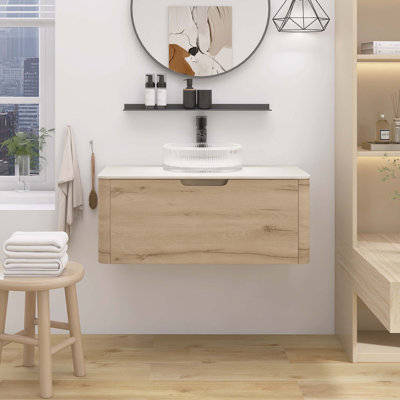Meuble-lavabo mural en contreplaqué pré-assemblé avec plateau en pierre frittée, tiroir et lavabo rond en céramique