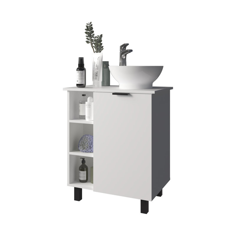 Meuble-lavabo avec finition blanche, 1 porte et 8 tablettes, conception équilibrée avec 4 pieds de couleur vive, espaces de rangement et équilibre amélioré