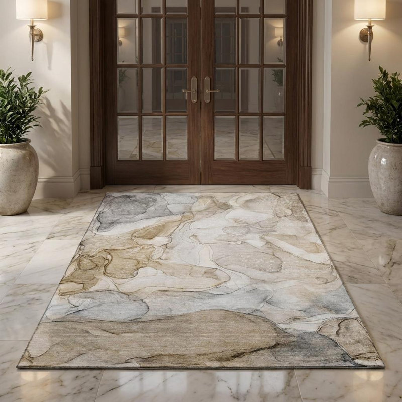 Tapis abstrait lavable beige et ivoire 3 pi x 5 pi avec protection UV