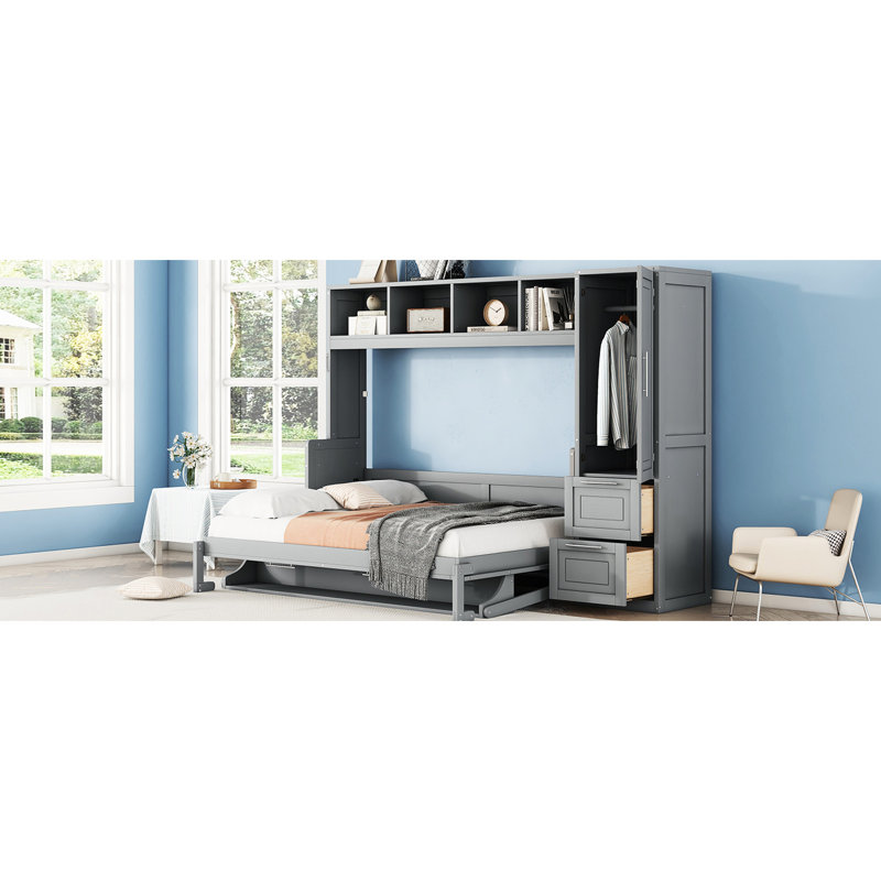 Full Size Gray Bed, Side Flip Feature, Storage Drawers, Keep Your Space Organized Multifunctional Wall Tailor Layout, 107.5"l X 58"w 72"h