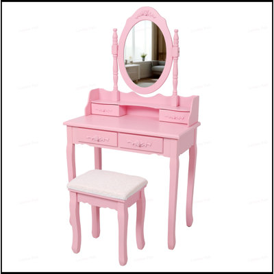 Pink Princess Vanity Desk Set with 360掳 Rotating Mirror, Cushioned Stool, and 4-Drawer Storage for Girls' Bedrooms