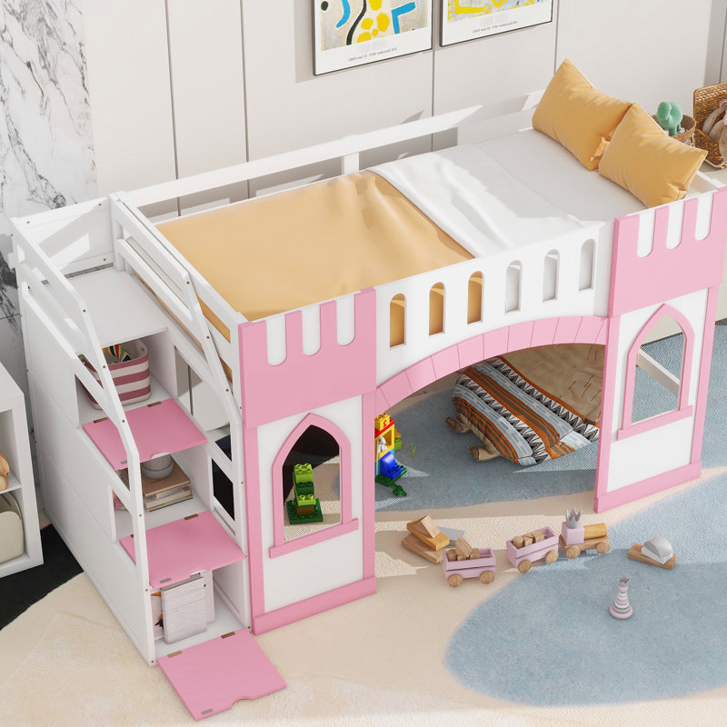 Lit mezzanine simple rose avec escalier de rangement et fenêtre amovible - bois stable pratique, Rose