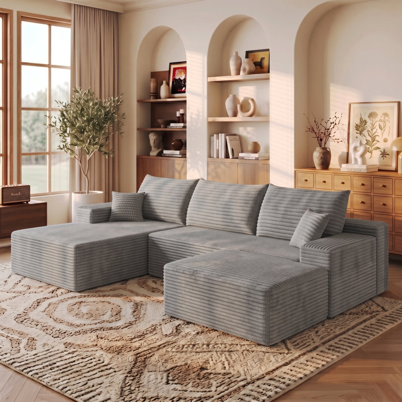 107" Modern Modular Sectional Couch with Lounge Chaise & Ottoman, Plush Corduroy U Shaped Boneless Sectional Sofa with Back Cushion, No Assembly Required, Oversized Compression Couch for Living Room, Apartment