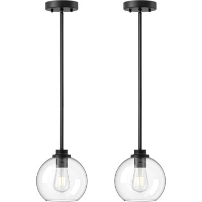 Modern Pendant Lights Kitchen Island 2 Pack, Hanging Light Fixture With Clear Glass Globe Shade, Hardwired Matte Black Adjustable Metal Rod For Bathroom, Dining Room, Bedroom