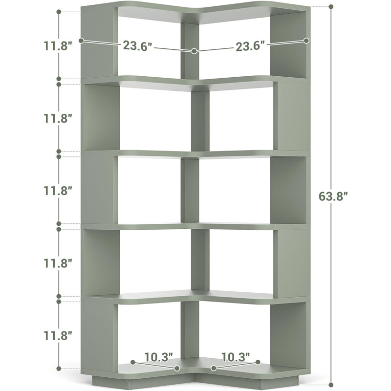 6 Tier Corner Bookshelf Etagere Bookcase with Baffle, Crab Green