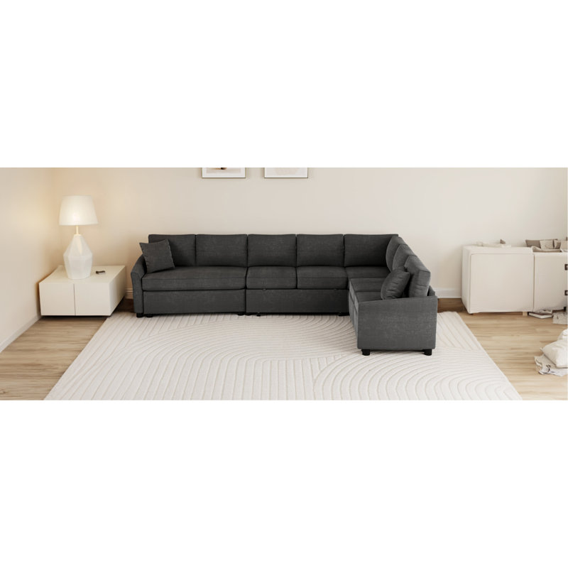Canapé-lit convertible en L de 124,8 po avec deux coussins de dossier, deux ports USB et deux prises de courant pour le salon, gris
