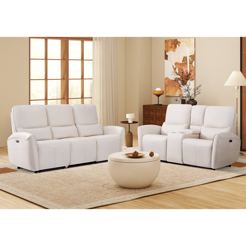Ensemble de salon inclinable électrique en microfibre 2 pièces avec console et bandes lumineuses ambiantes Roland, White
