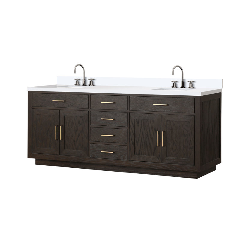 Abbey 84 in W x 22 in D Oak Double Bath Vanity and Chrome Faucet Set, Brown Oak, White Cultured Marble