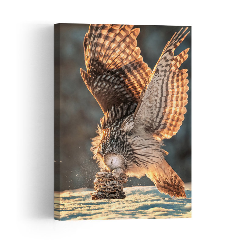 Golden Wings Winter Owl Abstract Contemporary Bird Owl Forest Landscape Wall Art Print 1 Piece Wrapped Canvas Wall Art