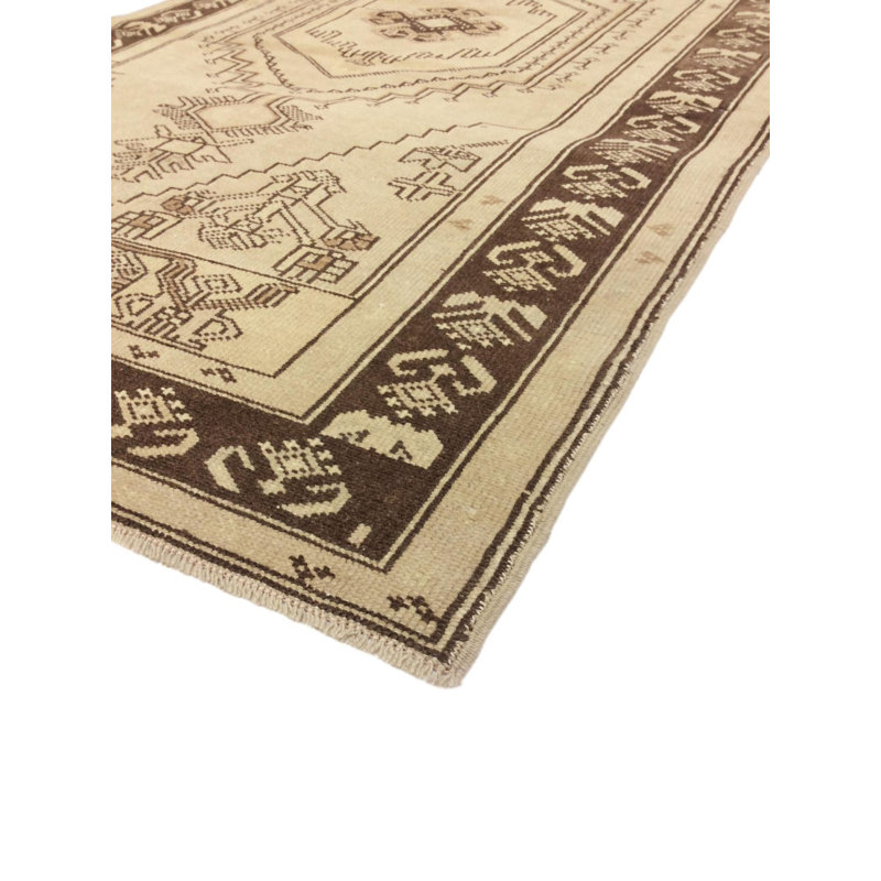 Tapis brun / beige en coton / laine oriental fait à la main 3 pi 6 po x 6 pi 10 po Oriental