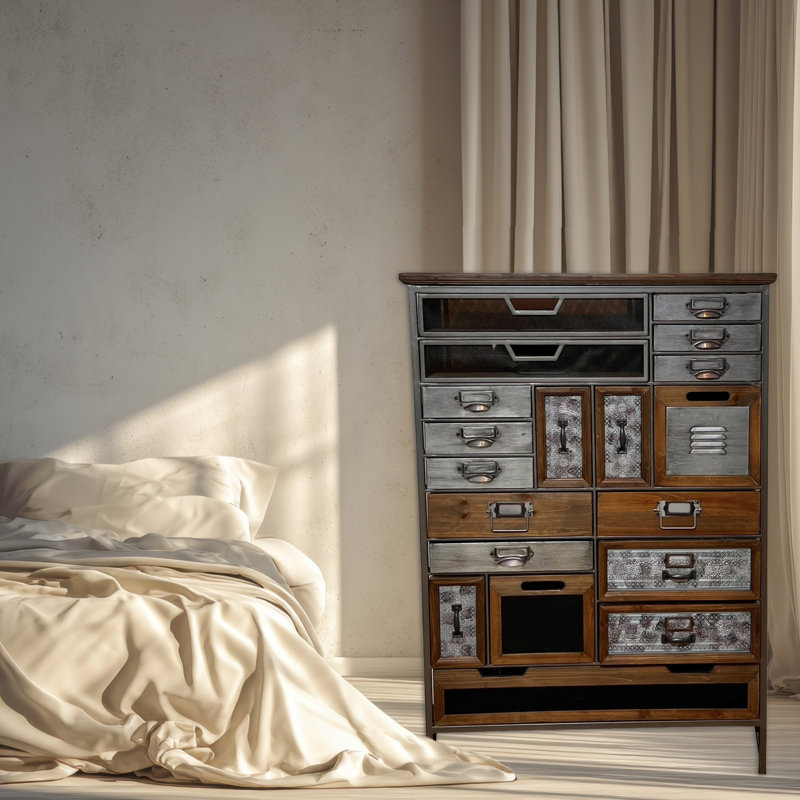 Commode décorative en bois massif et en métal 17 tiroirs Brantson, brun espresso, Espresso brun