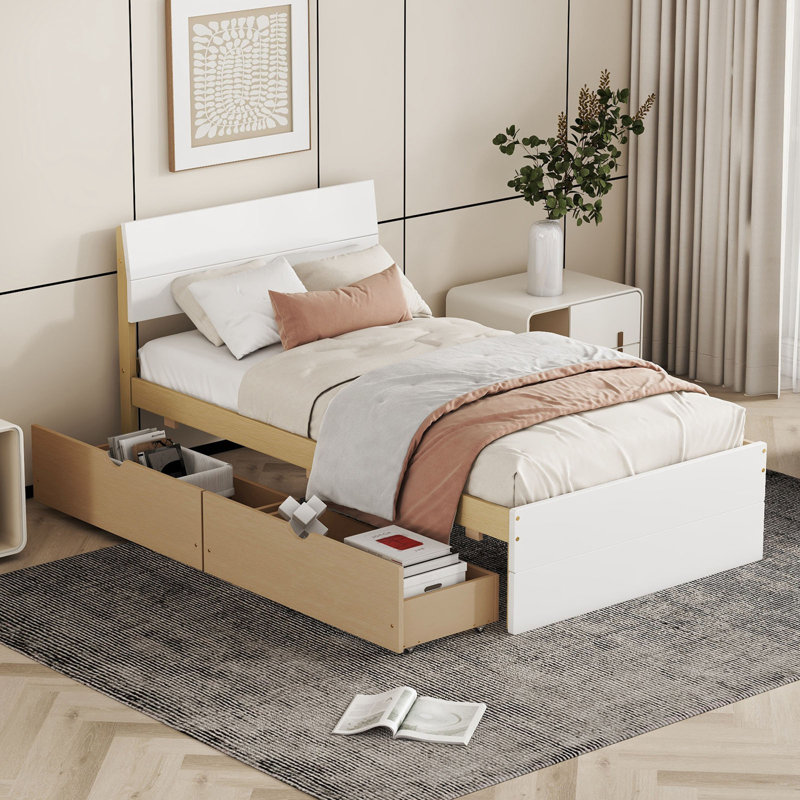 Modern Twin Bed Frame With 2 Drawers High Gloss Headboard and Footboard,Platform Bed, Light Oak