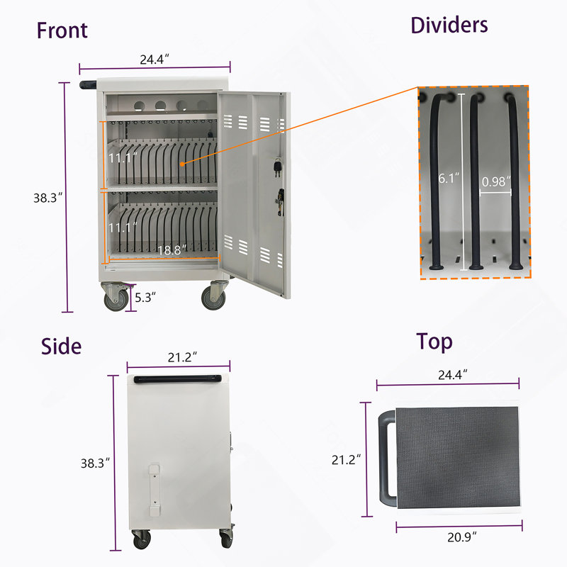 Mobile Charging Cart And Cabinet For Tablets Laptops 32Device, White