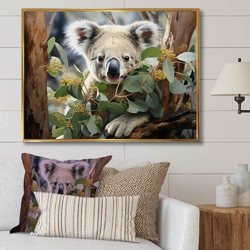 Aquarelle, arbre koala, observateur 2 - art mural koala, Cadre flottant doré, H 24 po x l 32 po x P 1 po