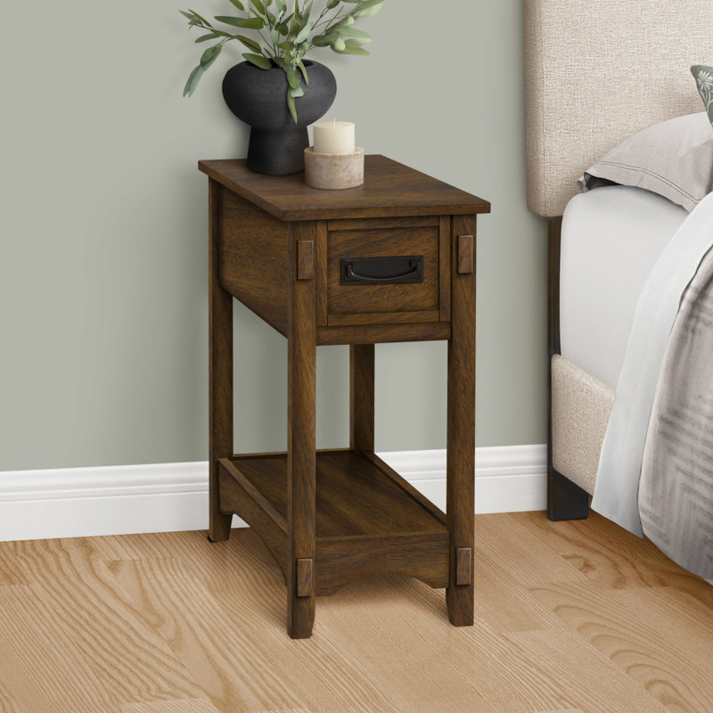 Table d'appoint, table de bout, table d'appoint, table de chevet, 2 niveaux, étroit, tiroir de rangement, placage brun