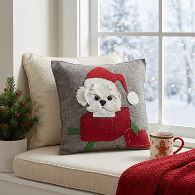 Coussin de Noël en laine feutrée à la main - Chien en boîte - 20 po