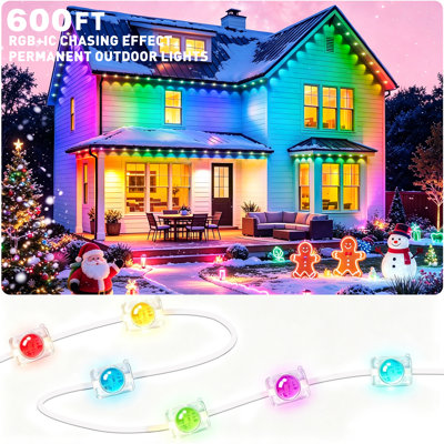600FTPermanent String Lights Outdoor RGB+IC,IP67 Waterproof Eaves Lights, App & Remote Control, Music Sync, MyDIY Timer, Easy Install for Patio, Roofline, Garden, Deck, Fence Holiday Decor